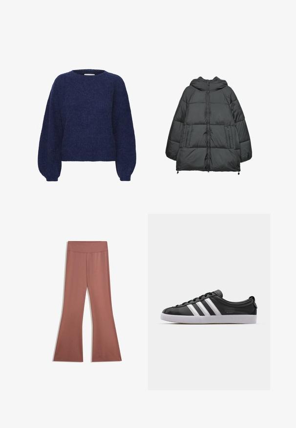 Czarna kurtka puchowa z kapturem, z pikowanym wzorem, zamykanymi na zamek kieszeniami, elastycznymi sznurkami w dolnej części oraz gładką teksturą.; Granatowy sweter dzianinowy o teksturowanym wykończeniu, okrągły dekolt i długie bufiaste rękawy. Krótka długość z prążkowanymi mankietami i dołem.; Brązowe spodnie z wysokim stanem i szerokimi nogawkami o gładkiej fakturze oraz minimalnych detalach szwów widocznych na pasku i z przodu.; Czarny skórzany tenisówka z białym wzorem trzech pasków, okrągłym noskiem, płaską białą gumową podeszwą i detalem z logo po boku.
