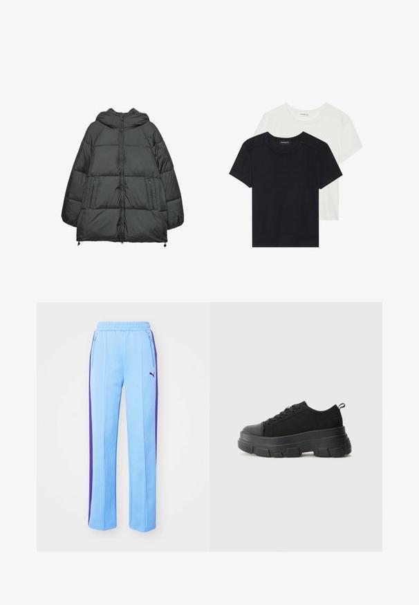 Sort pufferjakke med hætte, der har en quiltet design, lynlåslommer, elastiske snore i kanten og en glat overflade.; To kortærmede T-shirts i sort og hvid. Lavet af blød bomuld, med rund halsudskæring og standard pasform med minimal syning.; Lyseblå sweats med lilla sidestreger, elastisk talje og lynlåslommer. Blødt stof og lige ben-design.; Sorte sneakers med en kraftig gummisål, tekstureret stofoverdel, rund tå og snørredesign. Har forstærkede snørrehuller og en trækkrog bagpå.