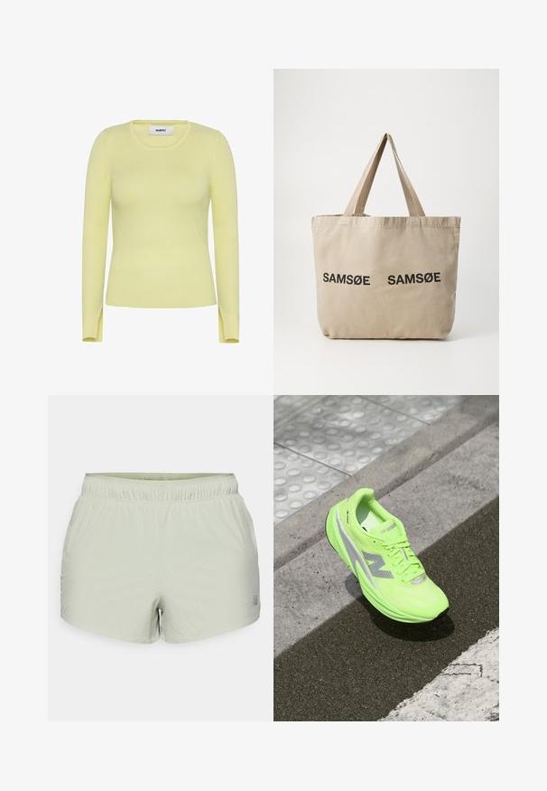 New Balance ATHLETICS OVERSIZED - Outdoorjas - garter snake; Geribbelde lange mouwen trui in lichtgeel, met een ronde hals en zijsplitten aan de onderkant. Gemaakt van een rekbare, gestructureerde stof.; Lichtgroene sportshorts van ademend materiaal, met een geperforeerde textuur en elastische tailleband. Logo aan de zijkant gedrukt.; Heldere neon groene New Balance hardloopschoen rustend op gestructureerd asfalt nabij een tastbare loopoppervlak en de rand van de stoep.; Beige canvas schoudertas met twee zwarte bedrukte "SAMØE" logo's. Heeft stevige beige schouderbanden en een eenvoudig, ongestructureerd ontwerp.