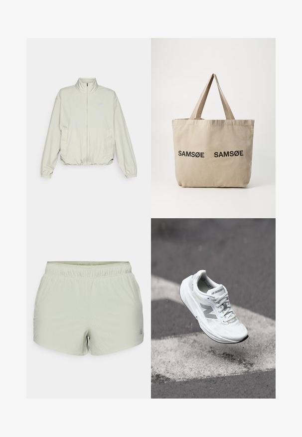New Balance ATHLETICS OVERSIZED - Outdoorjacka - garter snake; Långärmad ljusgrön skjorta i texturerad tyg, med rund halsringning och en liten logotyp på vänster bröstområde.; Ljusgröna träningsshorts i ett andningsbart material, med en perforerad textur och elastisk midja. Logotyp tryckt på sidan.; Vit löparskor med en strukturerad mesh-ovandel, grå detaljer och en dämpad sula, visas i luften ovanför en vägmarkering.; Beige canvas toteväska med två svarta tryckta "SAMØE"-logotyper. Har robusta beige axelremmar och en enkel, ostrukturerad design.