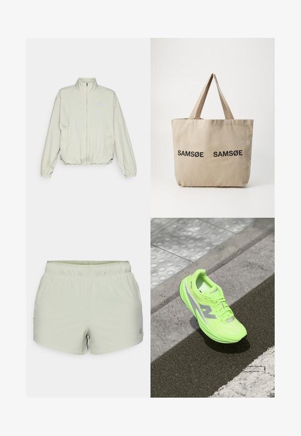 New Balance ATHLETICS PACKABLE JACKET - Veekindel jope - garter snake; Kerge roheline pikkade varrukatega särk, mis on valmistatud tekstuuriga kangast, millel on ümmargune kaelus ja väike logo vasakul rinnaosal.; Heledad helesinised sportlikud lühikesed püksid, mis on valmistatud hingavast kangast, millel on perforatsiooniga tekstuur ja elastne vöökoht. Logo on trükitud küljele.; Erks rohelise neoonvärvi New Balance'i jooksujalats, mis puhkab tekstuurse asfaldipinna lähedal, mis on lähedal taktiilsetele kõnniteedele ja äärekivi servale.; Beež kangastoot mõlema külje peal kahe musta trükitud "SAMØE" logoga. Omab tugevaid beeže õlarihmasid ja lihtsat, struktureerimata disaini.