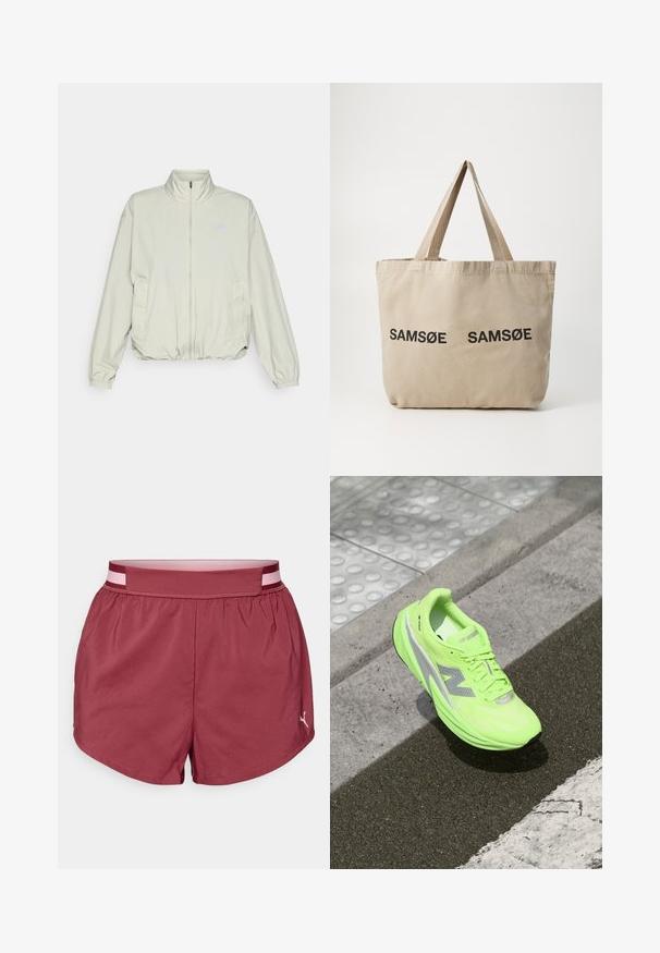 New Balance ATHLETICS OVERSIZED - Chaqueta outdoor - garter snake; Camisa de manga larga color verde claro hecha de tela texturizada, con un escote redondo y un pequeño logotipo en el área del pecho izquierdo.; Pantalones cortos deportivos en color burdeos con una cinturilla elástica que presenta una franja de acento en color rosa. Tejido suave y liso, con un logotipo sutil en el dobladillo inferior.; Zapatilla de running New Balance de un brillante verde neón descansando sobre un pavimento texturizado, cerca de una superficie táctil para caminantes y el borde de la acera.; Bolsa de tela beige con dos logotipos impresos en negro "SAMØE". Presenta correas de hombro beige resistentes y un diseño simple y sin estructuras.