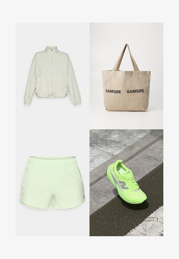New Balance ATHLETICS OVERSIZED - Outdoorjacke - garter snake; Langärmliges, hellgrünes Hemd aus strukturiertem Stoff, mit Rundhalsausschnitt und kleinem Logo auf der linken Brustseite.; Helle grüne Sportshorts aus atmungsaktivem Material, mit einer perforierten Textur und einem elastischen Bund für mehr Komfort.; Helle neongrüne New Balance-Laufschuhe liegen auf strukturiertem Asphalt neben einer taktilen Gehfläche und der Bordsteinkante.; Beige Canvas-Tote mit zwei schwarzen, aufgedruckten "SAMØE"-Logos. Verfügt über robuste, beige Schulterriemen und ein einfaches, unstrukturiertes Design.