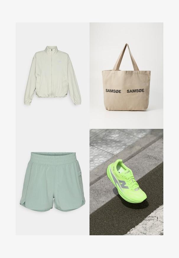 New Balance ATHLETICS OVERSIZED - Chaqueta outdoor - garter snake; Camisa de manga larga color verde claro hecha de tela texturizada, con un escote redondo y un pequeño logotipo en el área del pecho izquierdo.; Pantalones cortos deportivos de color verde claro con cintura elástica, con aberturas laterales, tela suave, un bolsillo en el lado derecho y costuras reforzadas.; Zapatilla de running New Balance de un brillante verde neón descansando sobre un pavimento texturizado, cerca de una superficie táctil para caminantes y el borde de la acera.; Bolsa de tela beige con dos logotipos impresos en negro "SAMØE". Presenta correas de hombro beige resistentes y un diseño simple y sin estructuras.