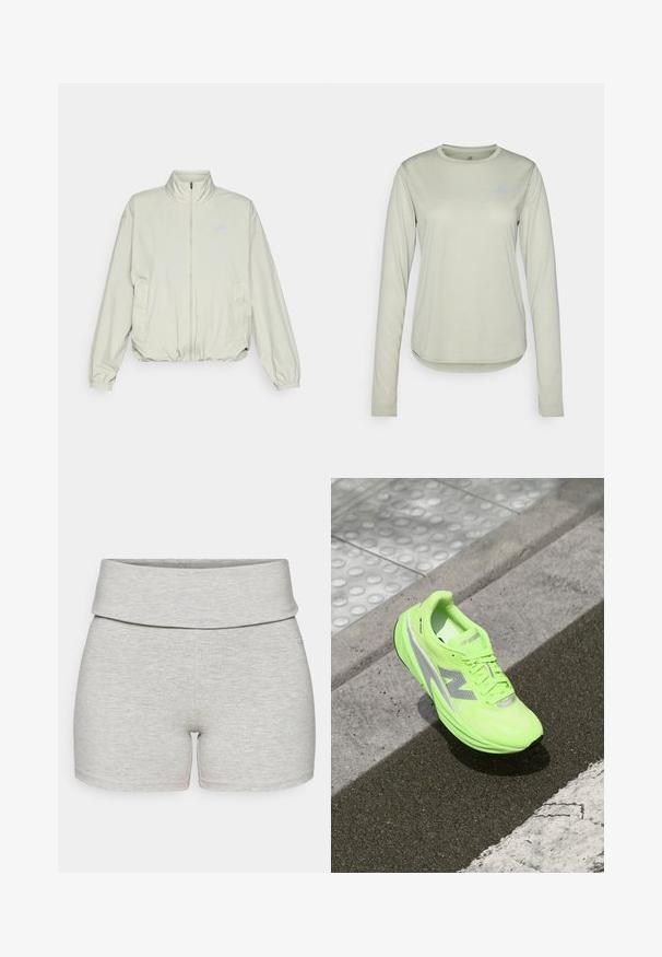 New Balance ATHLETICS OVERSIZED - Blouson - garter snake; Chemise à manches longues de couleur vert clair faite d'un tissu texturé, présentant un col rond et un petit logo sur la zone de la poitrine gauche.; Shorts en coton gris clair avec une large ceinture repliée. Texture lisse, coupe ajustée, et sans poches visibles ni détails supplémentaires.; Baskets de course New Balance d'un vert néon lumineux reposant sur un pavé texturé près d'une surface de marche tactile et du bord d'un trottoir.