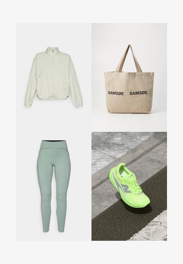 New Balance ATHLETICS OVERSIZED - Szabadtéri dzseki - garter snake; Hosszú ujjú, világoszöld ing, texturált anyagból készült, kerek nyakkivágással és egy kis logóval a bal mellkas területén.; Magasan szabott, mentazöld leggings sima, rugalmas anyagból, kontrasztos varrásokkal. Karcsú, testhezálló sziluettet kínál.; Fényes neon zöld New Balance futócipő pihen a texturált járdán, közel egy tapintható gyalogos felülethez és a járdaszegély széléhez.; Beige vászontáska két fekete "SAMØE" logóval. Tartós bézs vállpántokkal és egyszerű, struktúra nélküli dizájnnal rendelkezik.
