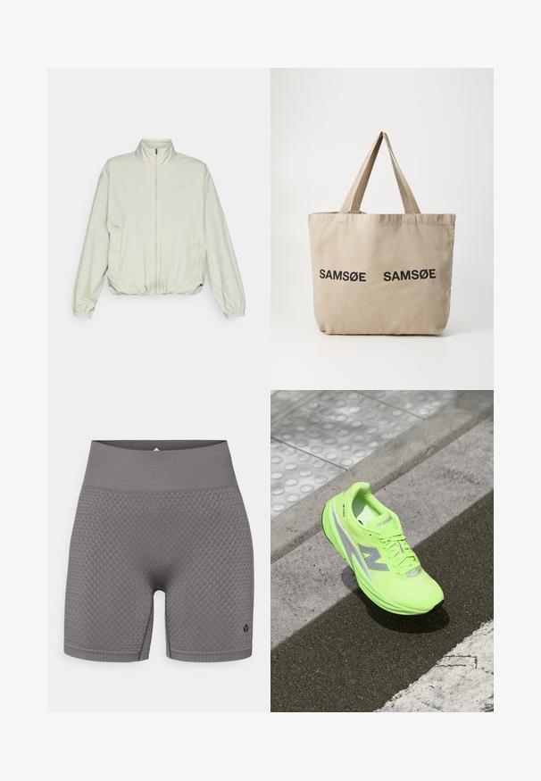 New Balance ATHLETICS OVERSIZED - Giacca outdoor - garter snake; Camicia a maniche lunghe di colore verde chiaro, realizzata in tessuto testurizzato, con scollatura rotonda e un piccolo logo sull'area sinistra del petto.; Shorts sportivi grigi con texture, dotati di una ampia vita elasticizzata e un logo discreto sul lato sinistro in basso. Il tessuto presenta un design a motivi.; Scarpa da corsa New Balance di un vivace verde neon appoggiata su una pavimentazione textures vicino a una superficie tattile per camminare e al bordo del marciapiede.; Borsa tote in tela beige con due loghi neri stampati "SAMØE". Presenta spallacci beige robusti e un design semplice e non strutturato.