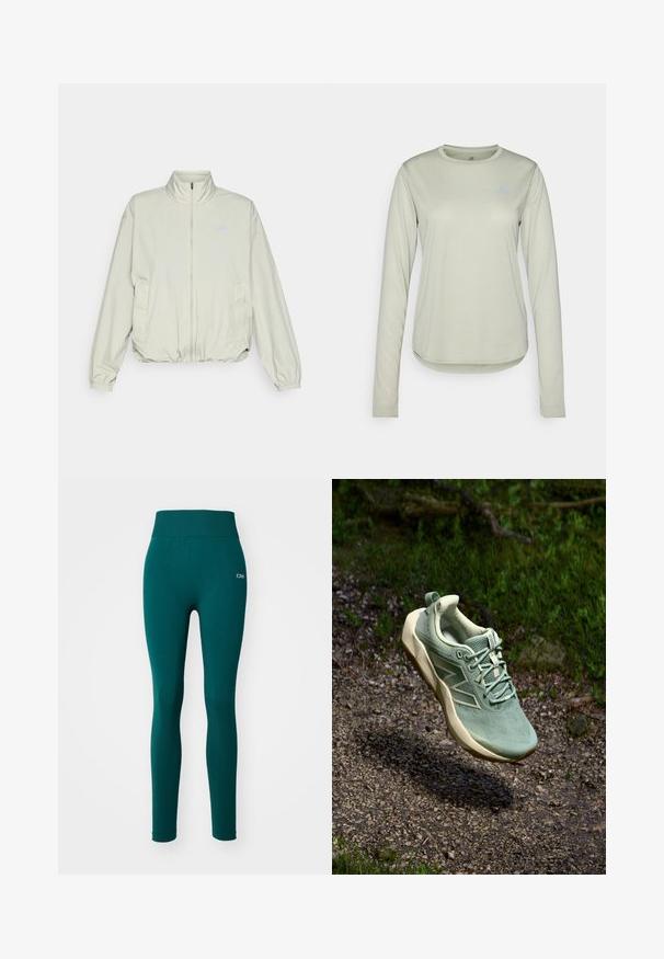 New Balance ATHLETICS OVERSIZED - Szabadtéri dzseki - garter snake; Hosszú ujjú, világoszöld ing, texturált anyagból készült, kerek nyakkivágással és egy kis logóval a bal mellkas területén.; Teal színű, aktív leggings széles derékpánttal, rugalmas anyagból készült. Simító textúrával rendelkezik, és hálós részletezéssel a lábszár alsó részén.; Világoszöld sportcipő, texturált felsőrésszel, fűzős kialakítással és bézs talppal. Diszkrét logóval és párnázott bokarésszel rendelkezik.