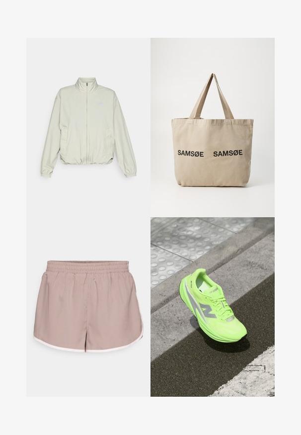 New Balance ATHLETICS OVERSIZED - Ulkoilutakki - garter snake; Vaaleanvihreä pitkähihainen paita, joka on valmistettu teksturoidusta kankaasta. Paidassa on pyöreä kaula-aukko ja pieni logo vasemmassa rinnassa.; Urheilusortsit vaaleasta beigekankaasta, jossa on joustava vyötärö, ja jossa on kontrastivalkoiset reunat sekä löysä mitoitus.; Kirkas neonvihreä New Balance -juoksukenkä lepää teksturoidun asfaltin päällä lähellä kosketusliikennesovellusta ja jalkakäytävän reunaa.; Beige kangaskassi, jossa on kaksi mustaa painettua "SAMØE"-logoa. Varustettu tukevilla vaaleanbeigeillä olkahihnoilla ja yksinkertaisella, muotoilultaan vapaamuotoisella designilla.