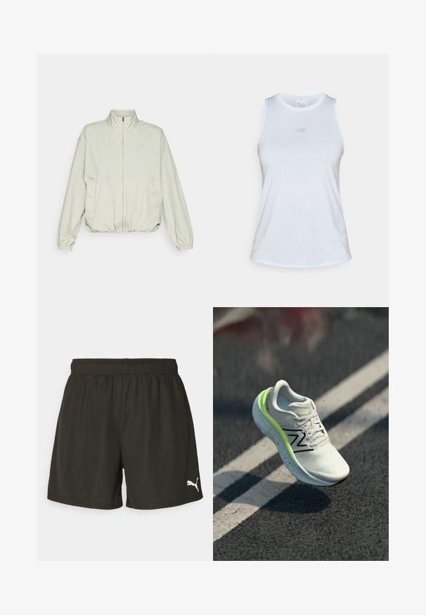 New Balance ATHLETICS OVERSIZED - Μπουφάν εξωτερικού χώρου - garter snake; Λευκό αμάνικο αθλητικό t-shirt με λεία υφή και διακριτό σχέδιο. Διαθέτει ένα ανοιχτό μπλε λογότυπο στο στήθος και στρογγυλή λαιμόκοψη.; Μαύρα αθλητικά σορτς με ελαστική μέση, που διαθέτουν λεία υφή και λογότυπο Puma σε λευκό χρώμα στο κάτω αριστερό μέρος.; Λευκό και φωσφορίζον πράσινο παπούτσι τρεξίματος New Balance στον αέρα πάνω από άσφαλτο με λευκές γραμμές διαχωρισμού.