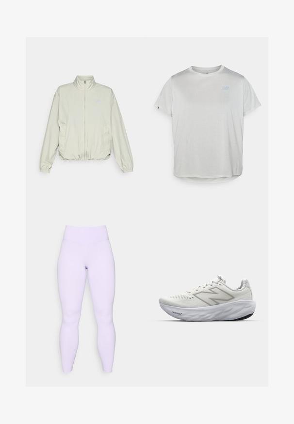 New Balance ATHLETICS OVERSIZED - Chaqueta outdoor - garter snake; Camiseta deportiva de manga corta en gris claro, con una tela de malla texturizada y un sutil logo azul en la parte frontal. Dobladillo redondeado en la parte inferior.; Leggings lilas con una cintura alta, hechos de una tela elástica y suave. Diseño ajustado sin patrones ni acentos visibles.; Zapatillas deportivas blancas con parte superior de malla, que cuentan con un cuello acolchado, suela texturizada y la marca "Fresh Foam" en la entresuela.
