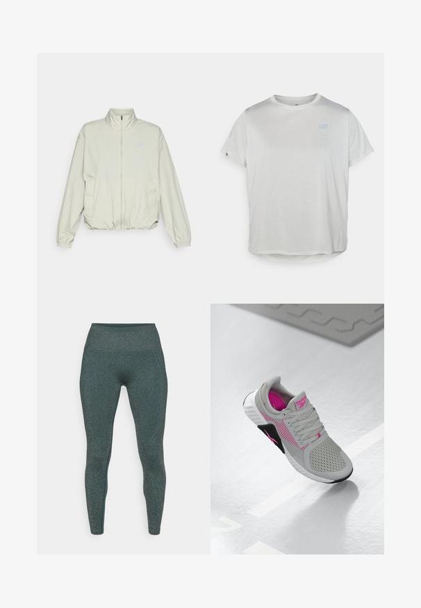 New Balance ATHLETICS OVERSIZED - Blouson - garter snake; T-shirt athlétique gris clair à manches courtes avec un tissu en maille texturée et un logo bleu subtil sur le devant. Ourlet arrondi en bas.; Leggings en bleu sarcelle foncé avec un éclat métallique. Design taille haute, texture lisse et coupe ajustée. Aucune couture ou motif visible.; Baskets de sport Reebok grises et roses avec tige en mesh et semelle détaillée, présentées sur une surface blanche réfléchissante.