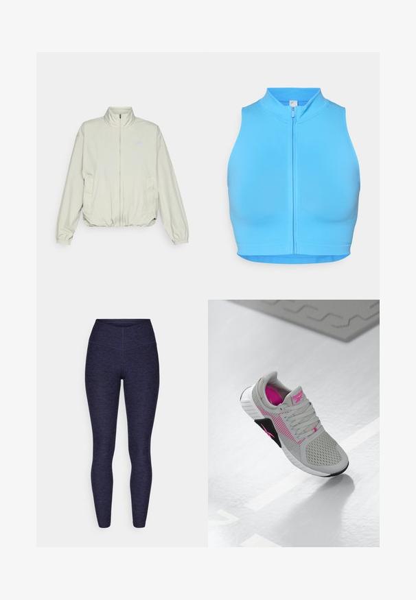 New Balance ATHLETICS OVERSIZED - Lauko striukė - garter snake; Ryškiai mėlynas trumpas sportinis viršus su aukštu apykakle ir priekine užtrauktuko uždanga. Pagamintas iš elastingos medžiagos, pasižymi lygiu tekstūra ir be raštų.; Tamsiai mėlynos sportinės legging kelnės, pagamintos iš tekstūruoto, tampraus audinio, su aukštu juosmeniu ir lygiomis siūlėmis, užtikrinančiomis patogumą ir prigludimą.; Pilkas ir rožinis Reebok sportinis kedas su tinkleliu viršuje ir detaliu padu, rodoma ant atspindinčio balto paviršiaus.