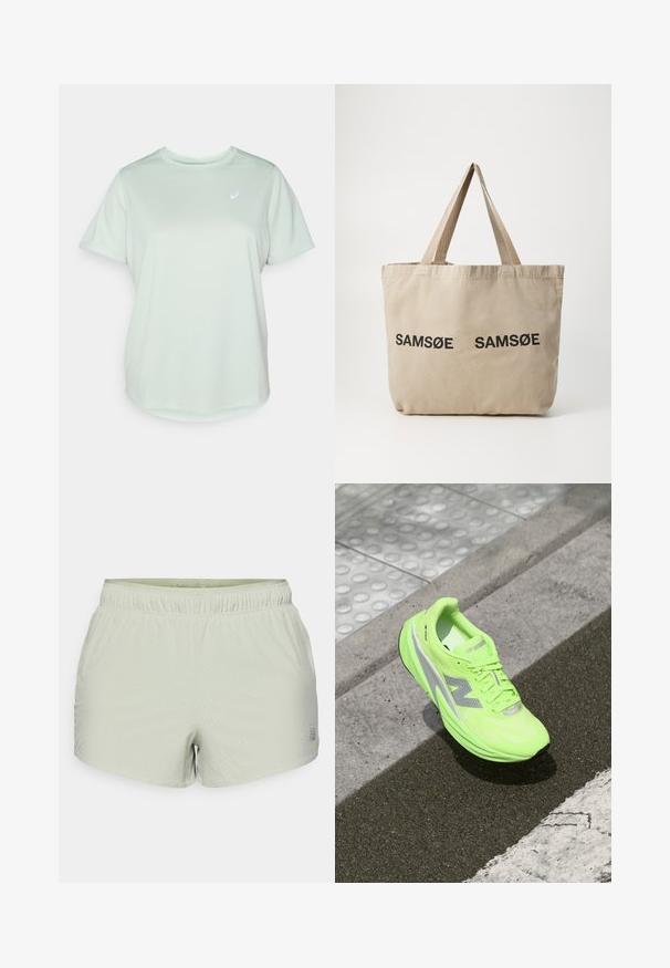 New Balance ATHLETICS OVERSIZED - Jachetă outdoor - garter snake; Tricou sportiv de culoare verde deschis, fabricat din material respirabil, cu guler rotund, mâneci scurte și un logo mic în partea stângă sus.; Pantaloni scurți atletici de culoare verde deschis, realizați dintr-un material respirabil, cu o textură perforată și un elastic la talie. Logo imprimat pe lateral.; Adidasul de alergare neon verde strălucitor New Balance sprijinit pe un asfalt texturat în apropierea unei suprafețe tactile pentru mers și marginea unui bordură.; Geantă de canavsă bej, cu două logo-uri negre imprimate "SAMØE". Dispune de bretele solide bej și un design simplu, nestrucurat.