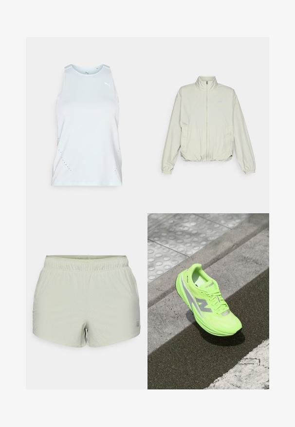 New Balance ATHLETICS OVERSIZED - Jakna za prosti čas - garter snake; Svijetloplavi bezrukavni sportski top izrađen od glatke tkanine. Ima dizajn kuta na ramenima, male ventilacijske rupe i bijeli logo.; Svetlozeleni atletski šortsi od prozračnog materijala, s perforiranim uzorkom i elastičnim pojasom. Logo otisnut sa strane.; Svetlo neonsko zelena New Balance tekaška obutev leži na teksturirani asfaltni površini blizu taktilne pešaške poti in robnika.