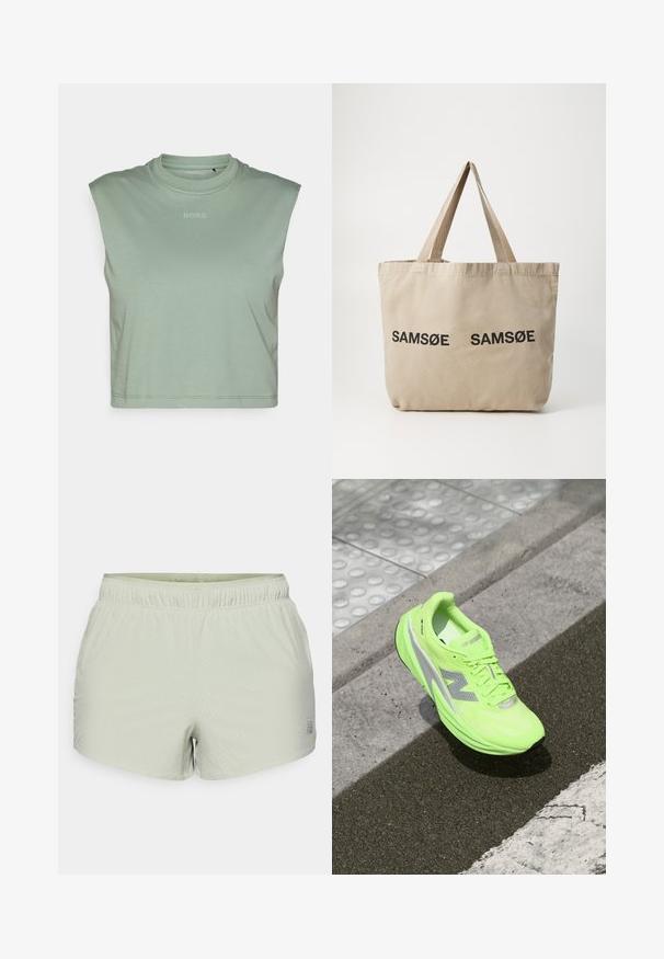 New Balance ATHLETICS OVERSIZED - Õuejope - garter snake; Hele roheline ilma varrukat crop-top pehmest kangast, ümarate kaeluste ja väikese "BORG" logoga prindiga ees.; Heledad helesinised sportlikud lühikesed püksid, mis on valmistatud hingavast kangast, millel on perforatsiooniga tekstuur ja elastne vöökoht. Logo on trükitud küljele.; Erks rohelise neoonvärvi New Balance'i jooksujalats, mis puhkab tekstuurse asfaldipinna lähedal, mis on lähedal taktiilsetele kõnniteedele ja äärekivi servale.; Beež kangastoot mõlema külje peal kahe musta trükitud "SAMØE" logoga. Omab tugevaid beeže õlarihmasid ja lihtsat, struktureerimata disaini.