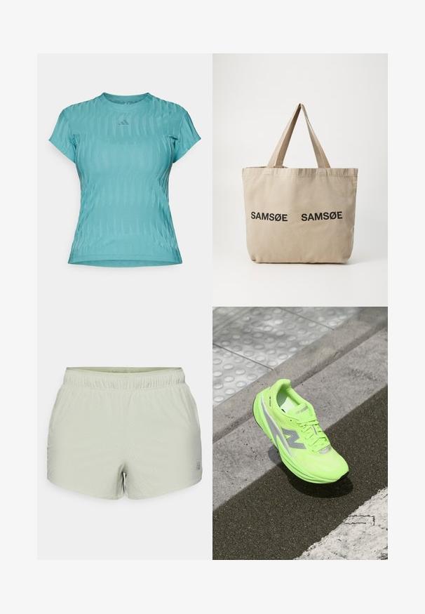 New Balance ATHLETICS OVERSIZED - Āra jaka - garter snake; Akvamarīna krāsas īsām piedurknēm sporta krekls ar teksturētu dizainu, ar apaļu kakla izgriezumu un nelielu logotipu uz krūšu vietas.; Gaiši zaļie sporta šorti, kas izgatavoti no elpojoša auduma, ar perforētu tekstūru un elastīgu jostu. Logotips uz sāniem.; Spilgti neona zaļie New Balance skrējēju apavi, kas atpūšas uz teksturētas asfaltas blakus taktilai pastaigas virsmai un malas malai.; Bežs kanvas ceļojuma soma ar diviem melniem drukātiem "SAMØE" logo. Iezīme ir izturīgas bežīgas plecu siksnas un vienkāršs, struktūras nepietiekams dizains.