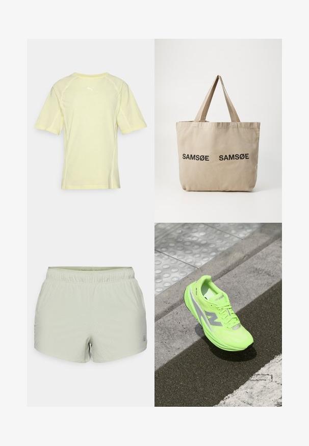 New Balance ATHLETICS OVERSIZED - Outdoorová bunda - garter snake; Sportovní tričko Puma ve světle žluté barvě, s krátkým rukávem, kulatým výstřihem, bílými akcentními švy a malým bílým logem na horní části zad.; Světle zelené sportovní šortky vyrobené z prodyšného materiálu, s perforovanou texturou a elastickým pasem. Logo tištěné na boku.; Jasně neonově zelená běžecká obuv New Balance leží na strukturovaném chodníku poblíž dotykového chodníku a okraje obrubníku.; Beige plátěná taška s dvěma černými potiskem "SAMØE". Obsahuje pevné béžové ramenní popruhy a jednoduchý, neformovaný design.