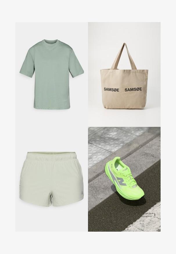 New Balance ATHLETICS OVERSIZED - Szabadtéri dzseki - garter snake; Világos zöld, rövid ujjú póló, puha anyagból készült, kerek nyakú és egy diszkrét logóval nyomtatva az elején. Alapvető, dobozos forma.; Világoszöld sportnadrág, légáteresztő anyagból készült, perforált textúrával és rugalmas derékkal. Oldalt logóval nyomtatva.; Fényes neon zöld New Balance futócipő pihen a texturált járdán, közel egy tapintható gyalogos felülethez és a járdaszegély széléhez.; Beige vászontáska két fekete "SAMØE" logóval. Tartós bézs vállpántokkal és egyszerű, struktúra nélküli dizájnnal rendelkezik.
