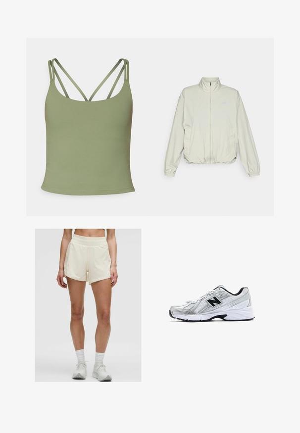 New Balance ATHLETICS OVERSIZED - Jakna za nošenje na otvorenom - garter snake; Maslinasto zelena majica bez rukava s prilagođenim dizajnom, koja ima tanke, podesive naramenice i glatku, rastezljivu teksturu. Minimalistički stil bez uzoraka.; Krem kratke sportske hlače s elastičnom pojasom i bočnim džepovima. Tkanina izgleda glatko i lagano, pogodna za aktivne aktivnosti.; Srebrna atletska tenisica s mrežastim materijalom, crnim naglascima, perforiranim dizajnom i udobnim bijelim potplatom. Ima istaknuti logo 'N'.