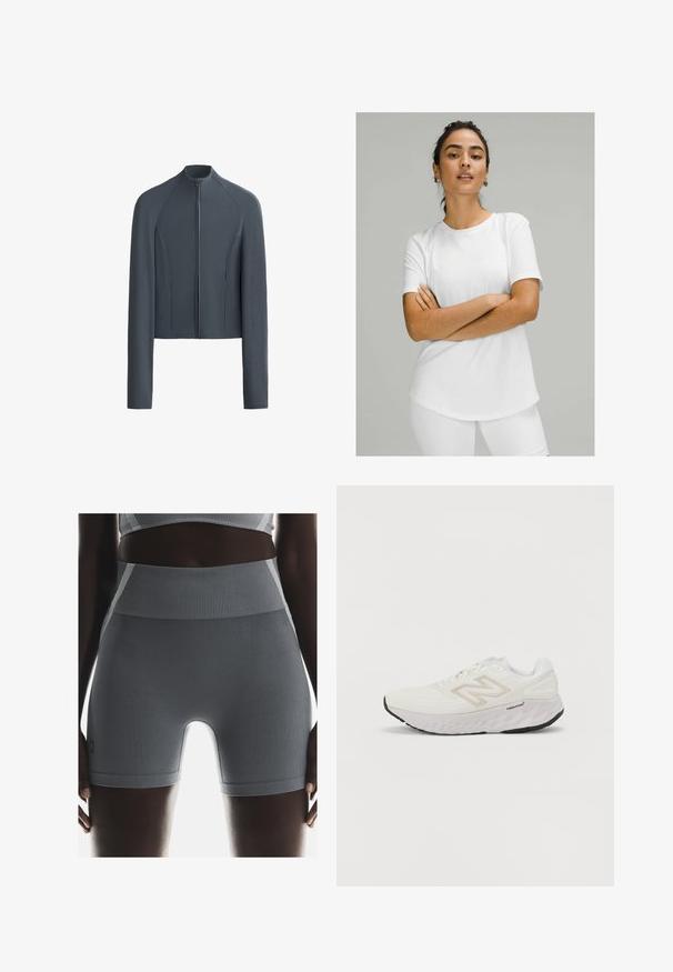 Siva zip jakna s dugim rukavima, rebrastom teksturom i glatkim panelima. Ima visoki ovratnik i prilagođeni dizajn sa bočnim džepovima.; Bijela majica s kratkim rukavima izrađena od glatkog materijala, s okruglim izrezom i zakrivljenim rubom. Nosena s bijelim donjim dijelom.; Sive ribane atletske kratke hlače imaju visoki struk, glatku teksturu i prilagođen kroj, a s bočne strane ih upotpunjuje mala oznaka branda.; Bijela Atletska cipela s mrežastim gornjim dijelom, podstavljenim ovratnikom i debelim teksturiranim potplatom. Ima svijetlosivu oznaku i "New Balance" logo sa strane.