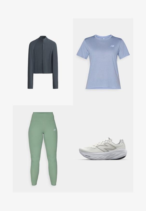 Grijze zip-up jas met lange mouwen, ribbeltextuur en gladde panelen. Heeft een hoge kraag en een getailleerd ontwerp met zijzakken.; Lichtblauwe sportt-shirt met ronde halslijn, korte mouwen en een textuurstof. Heeft een klein wit logo op de linkerkant van de borst.; Hooggetailleerde leggings van gedempt groen stof, met een gladde textuur en een aansluitend ontwerp. Klein logo in donkergrijs op de bovenbeen.; Witte sportschoenen met een bovenwerk van mesh, voorzien van een gevoerde kraag, een gestructureerde zool en de merknaam "Fresh Foam" op de tussenzool.