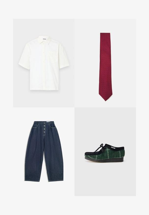 Beige gepolsterte Jacke mit hohem Kragen, elastischen Bündchen und zwei schrägen Fronttaschen. Verfügt über ein gesticktes Markenlogo in passender Farbe.; Marinefarbener Cardigan aus weichem Material, mit V-Ausschnitt, langen Ärmeln, sechs Knopfverschlüssen und einem kleinen grünen Logo auf der Brust.; Kurzärmliges, knöpfbares Hemd aus elfenbeinfarbenem Baumwollmaterial. Verfügt über einen Kragen und eine Brusttasche auf der linken Seite mit einem schlichten Design und weicher Textur.; Dunkelblaue Denim-Hose mit weiter Beinform und hoher Taille, fünfknöpfigem Verschluss und fünf Taschen. Mit Steppnähten an den Nähten.; Grüne und schwarze gemusterte Schuhe mit einem Obermaterial aus Wildleder, runder Zehenform, Schnürsenkeln und einer strukturierten Gummisohle.; Bordeauxfarbige Krawatte mit subtilen geometrischen Mustern, aus glattem Stoff gefertigt, mit schlankem Design und spitzer Spitze.