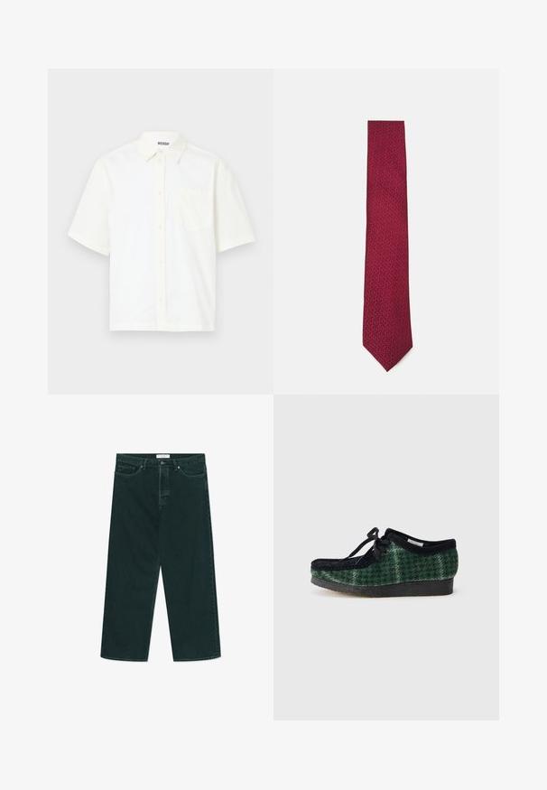 Giubbotto imbottito beige con colletto alto, polsini elasticizzati e due tasche frontali inclinate. Presenta il logo del marchio ricamato in un colore coordinato.; Cardigan navy in morbido tessuto, con scollo a V, maniche lunghe, sei bottoni e un piccolo logo verde sul petto.; Camicetta a maniche corte con bottoni in cotone bianco sporco. Presenta un colletto e una tasca sul lato sinistro del petto, con un design semplice e una texture morbida.; Jeans in denim verde scuro a gamba larga con chiusura a bottone e zip, tasche anteriori e passanti per cintura, disposti su uno sfondo bianco.; Scarpe verdi e nere con motivo, con una tomaia in suede, presentano una punta arrotondata, lacci e una suola in gomma texturizzata.; Cravatta Bordeaux con un sottile motivo geometrico, realizzata in tessuto liscio con un design slim e punta a forma di freccia.