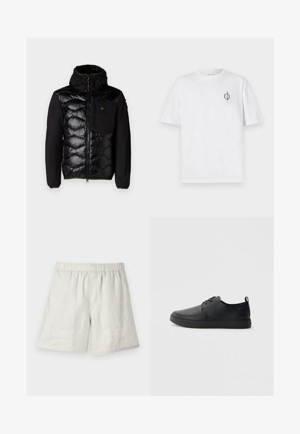 Černá zateplená bunda s prošívaným předním dílem, kapucí a zipovými kapsami. Má hladký látkový materiál a elastické manžety s zelenými akcenty.; Bílý bavlněný tričko s volným střihem, které má malé černé grafické logo na levé straně hrudi. Krátké rukávy, kulatý výstřih.; Světlé béžové lněné šortky s elastickým pasem, nabízející uvolněný střih a minimální švy pro jednoduchý a ležérní design.; Černé kožené tenisky s hladkým povrchem, zaoblenou špičkou, tónovým prošíváním, šněrovacím uzávěrem a plochou gumovou podrážkou. Očko na patě.