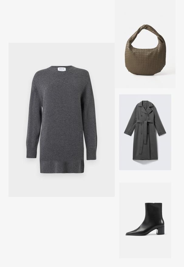 Pelēks tranšejas mētelis ar dubultu pogu slēgšanu, jostu viduklī, plašu iegriezumu apkakli un sānu kabatām. Gluda auduma ar matētu virsmu.; Pelēks adīts džemperis, kas izgatavots no mīksta auduma, ar apaļu dekoltē, garām piedurknēm un ribotiem apkakles un apakšmalas galiem. Vienkāršs un klasiskas dizains.; Melnas ādas potītes zābakus ar norādītu pirkstu, gludu tekstūru un vidēju bloku papēdi. Minimālisma dizains, ar rāvējslēdzēju aizmugurē.; Austa olīvzaļā rokassoma ar noapaļotu formu un savītu rokturi. Tekstūrēta virsma ar diagonālu rakstu. Ar rāvējslēdzēja aizdari.