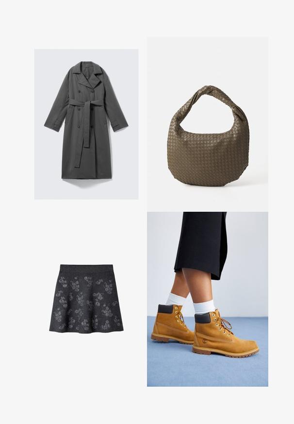 Cappotto grigio impermeabile con un frontale doppiopetto, vita con cintura, ampio colletto a punta e tasche laterali. Tessuto liscio con una finitura opaca.; Maglione morbido grigio chiaro in maglia con maniche lunghe e polsini, orlo e scollatura a girocollo a coste.; Gonna svasata grigia scura con un motivo testurizzato di disegni floreali grigi chiari. Presenta una vita liscia e un materiale morbido.; Stivali alla caviglia in suede beige con accenti in pelle marrone, occhielli dorati e suola testurizzata. Calzini bianchi visibili sopra gli stivali.; Borsa in oliva intrecciata con forma arrotondata e manico attorcigliato. La superficie testurizzata presenta un motivo diagonale. Chiusura con cerniera.