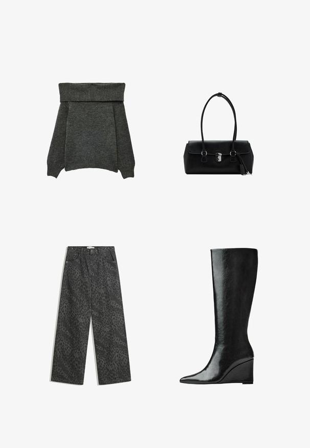 Cappotto grigio impermeabile con un frontale doppiopetto, vita con cintura, ampio colletto a punta e tasche laterali. Tessuto liscio con una finitura opaca.; Maglione grigio scuro con scollo off-the-shoulder realizzato in morbido tessuto a maglia. Presenta un ampio scollo a coste e maniche lunghe e rilassate. Design piatto.; Pantaloni in denim neri a gamba larga con un sottile motivo leopardato, dettagli in borchie metalliche sulla cintura e il classico design a cinque tasche.; Stivali in pelle nera alti fino al ginocchio, con punta affilata e tacco a zeppa. La superficie è liscia con una finitura lucida.; Borsa a mano in pelle nera con una texture liscia, design strutturato, doppi manici e un dettaglio clasp in argento al centro.