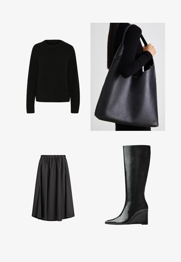Szary płaszcz trench z podwójnym zapięciem, z paskiem w talii, szerokim kołnierzem i bocznymi kieszeniami. Gładki materiał o matowym wykończeniu.; Czarny sweter z miękkiego, puszystego materiału. Posiada okrągły dekolt, długie rękawy i ściągacz na dole. Prosty design bez wzorów czy akcentów.; Czarna midi spódnica wykonana z lekkiego, płynącego materiału, z elastycznym pasem i delikatną sylwetką w kształcie litery A. Bez widocznych wzorów ani akcentów.; Czarne skórzane kozaki sięgające do kolan, z eleganckim, spiczastym noskiem i obcasem w kształcie klina. Powierzchnia jest gładka o błyszczącym wykończeniu.; Czarna skórzana torba tote o gładkiej fakturze, w oversize'owym kształcie, z jedną regulowaną rączką. Posiada złoty akcent w postaci logo.