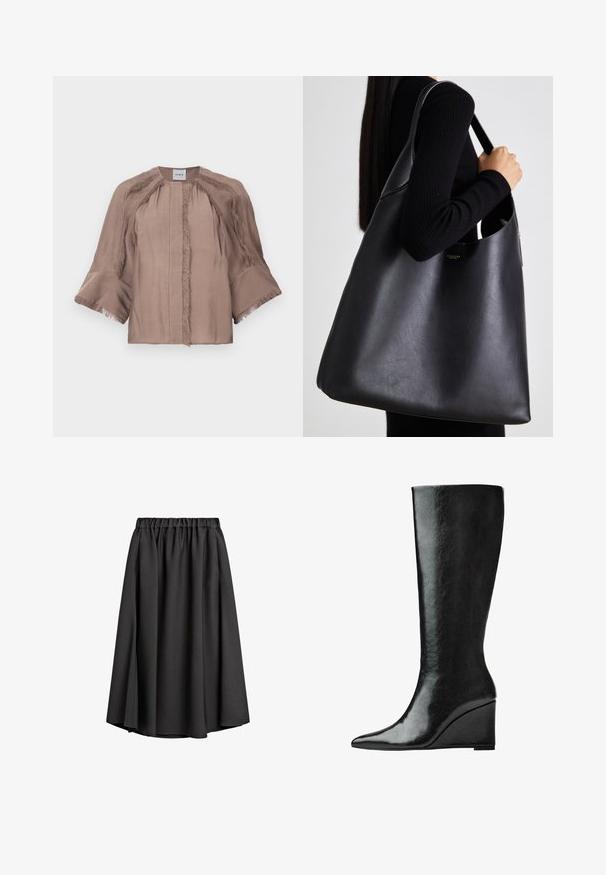 Grå trenchcoat med dubbelknäppt fram, bälte i midjan, breda slag och sidofickor. Slät tyg med matt yta.; Tawny blus med vida 3/4-ärmar, fransdetaljer längs sömmarna och manschetterna, rund halsringning och dold framknäppning.; Svart kortärmad topp med rund halsringning, med plisseringar och en figursydd överdel som vidgar sig vid kanten. Tillverkad av mjukt tyg.; Svart midikjol i lätt, flödande tyg med elastisk midja och svag A-linjeform. Inga synliga mönster eller detaljer.; Knähöga svarta läderstövlar med en slank, spetsig tå och kilklack. Ytan är slät med en glansig finish.; Svart läder tote-väska med en slät yta, överdimensionerad form och en enkel axelrem. Har ett; guldlogotypaccent.