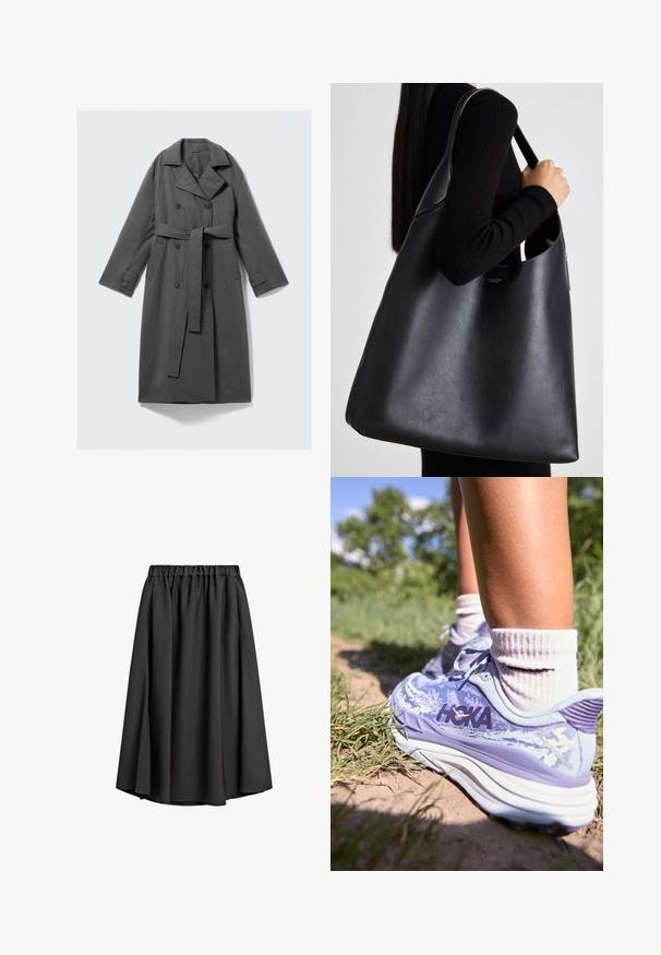 Gray trench coat with a double-breasted front, belted waist, wide notch collar, and side pockets. Smooth fabric with a matte finish.; Black short-sleeve top with a round neckline, featuring pleated detailing and a fitted bodice that flares at the hem. Made of soft fabric.; Black midi skirt made of lightweight, flowing fabric with an elastic waistband and a slight A-line silhouette. No visible patterns or accents.; HOKA STINSON 7 - Trail running shoes - cosmic sky/meteor; Black leather tote bag with a smooth texture, oversized shape, and a single shoulder strap. Features a gold logo accent.