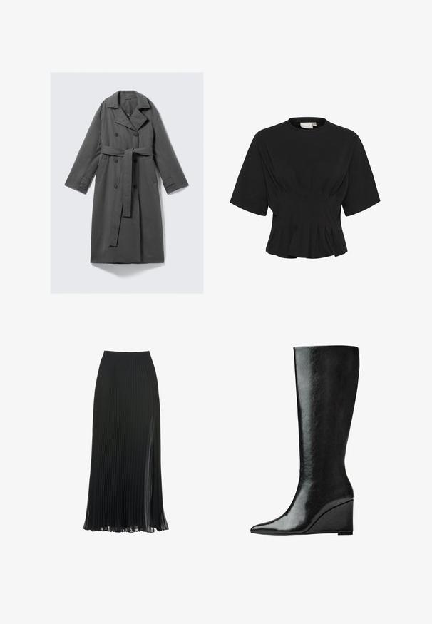 Cappotto grigio impermeabile con un frontale doppiopetto, vita con cintura, ampio colletto a punta e tasche laterali. Tessuto liscio con una finitura opaca.; Top nero a maniche corte con scollatura rotonda, caratterizzato da dettagli plissettati e un corpetto aderente che si allarga all'orlo. Realizzato in tessuto morbido.; Gonna maxi plissettata nera con cintura aderente, texture trasparente e uno spacco laterale per maggiore movimento e fluidità.; Stivali in pelle nera alti fino al ginocchio, con punta affilata e tacco a zeppa. La superficie è liscia con una finitura lucida.