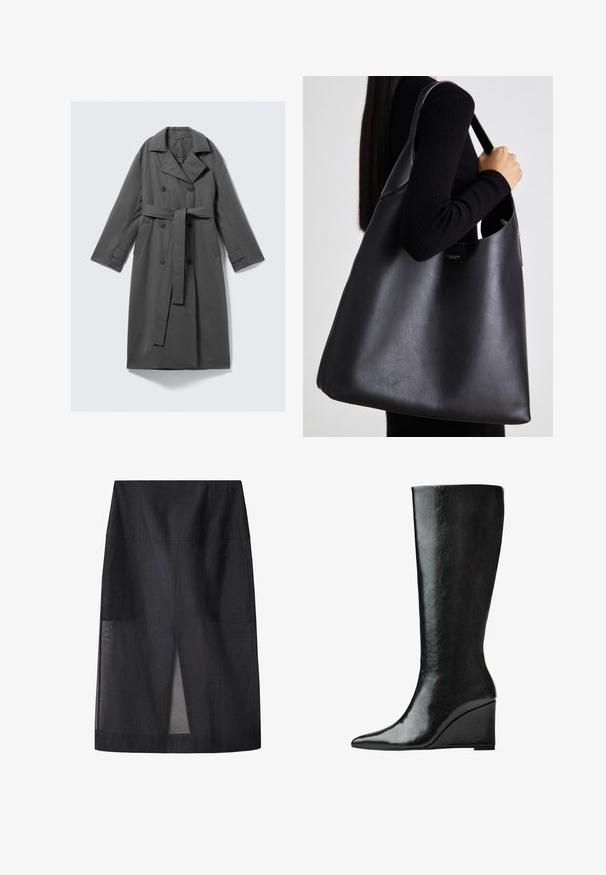 Harmaa trench-takki, jossa on kaksirivinen etuosa, vyöllinen vyötärö, leveä viistokaulus ja sivutaskut. Sileä kangas, jossa on matta pinta.; Mustapaitainen lyhythihainen yläosa, jossa on pyöreä kaula-aukko, laskostettu yksityiskohta ja istuva vartalo, joka levenee helmaa kohti. Valmistettu pehmeästä kankaasta.; Musta midi-hame, jossa on sileä pinta, korkea vyötärö ja etupuolella halkio. Yksinkertainen, ilman koristeluita oleva muotoilu, jossa on suora siluetti.; Polvisteeseen asti yltävät mustat nahkasaappaat, joissa on sulavalinjainen, terävä kärki ja viistolevy. Pintamateriaali on sileä ja kiiltävä.; Musta nahkainen käsilaukku, jossa on sileä pinta, ylisuuri muoto ja yksi olkahihna. Sisältää kultaisen logon korostuksen.