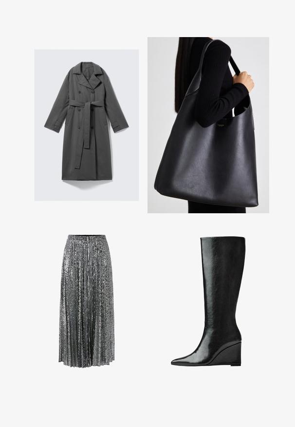 Manteau trench gris avec un devant double boutonnage, une taille ceinturée, un large col en forme de pointe et des poches latérales. Tissu lisse avec une finition mate.; Haut noir à manches courtes avec un col rond, présentant des détails plissés et un corsage ajusté qui s'évasent au niveau de l'ourlet. Fabriqué en tissu doux.; Jupe argentée à sequins, design plissé, taille élastique, longueur au sol, texture réfléchissante et détails scintillants sur toute sa surface.; Bottes en cuir noires jusqu'aux genoux avec un bout pointu et un talon compensé. La surface est lisse avec une finition brillante.; Sac fourre-tout en cuir noir avec une texture lisse, de forme oversize et une seule bandoulière. Présente un accent en logo doré.
