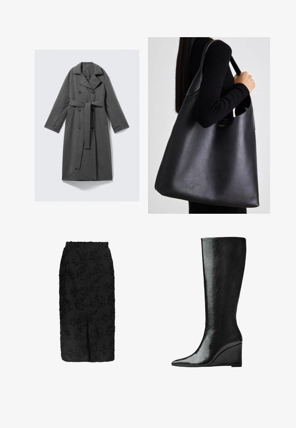 Cappotto grigio impermeabile con un frontale doppiopetto, vita con cintura, ampio colletto a punta e tasche laterali. Tessuto liscio con una finitura opaca.; Top nero a maniche corte con scollatura rotonda, caratterizzato da dettagli plissettati e un corpetto aderente che si allarga all'orlo. Realizzato in tessuto morbido.; Gonna nera lunghezza al ginocchio con motivi floreali in rilievo e vita aderente.; Stivali in pelle nera alti fino al ginocchio, con punta affilata e tacco a zeppa. La superficie è liscia con una finitura lucida.; Borsa a spalla nera in pelle con texture liscia, forma oversize e una sola tracolla. Presenta un accento con logo dorato.