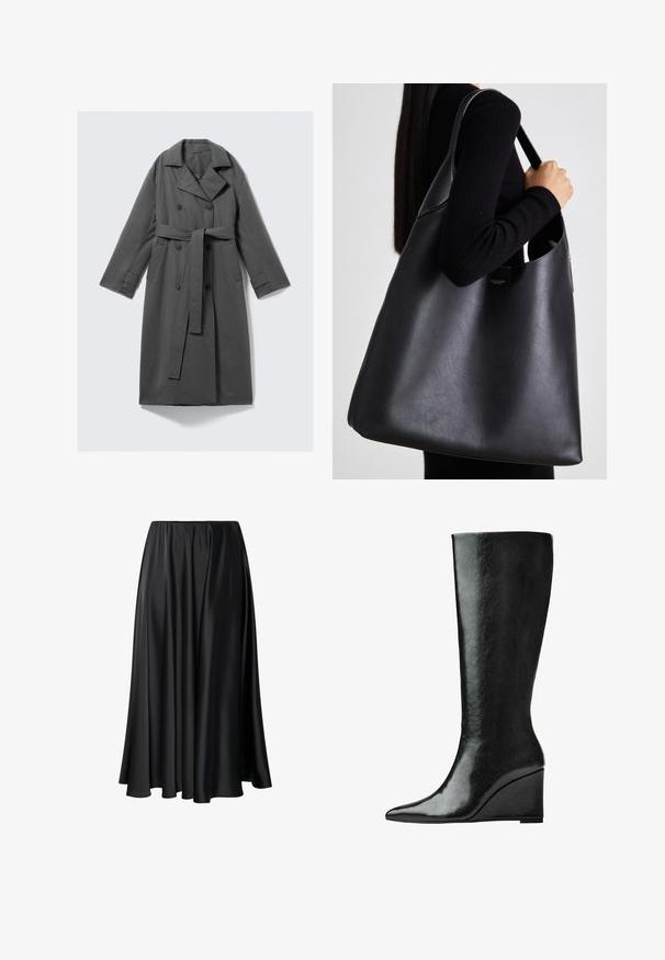 Impermeabil gri cu front cu două rânduri de nasturi, talie cu curea, guler larg, și buzunare laterale. Fabrică netedă cu un finisaj mat.; Top scurt negru cu mâneci scurte și guler rotund, cu detalii pliate și un corset ajustat care se lărgește la margine. Fabricat dintr-un material moale.; Fustă maxi neagră dintr-un material neted, cu un brau elastic, siluetă amplă și tiv fluid, fără modele sau detalii vizibile.; Cizme negre din piele, până la genunchi, cu vârf ascuțit și toc wedge. Suprafața este netedă, cu un finisaj lucios.; Geantă tote din piele neagră, cu o textură netedă, formă supradimensionată și un singur mânere pentru umăr. Prezintă un accent cu logo aurit.