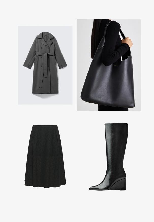 Grijze trenchcoat met een dubbelgeknoopte voorkant, ceintuur in de taille, brede notch-kraag en zijzakken. Glad stof met een matte afwerking.; Zwarte kortärm top met een ronde halslijn, voorzien van geplooide details en een strakke lijfje dat uitloopt bij de zoom. Gemaakt van zacht materiaal.; Zwarte rok van gestructureerde stof met een subtiel geometrisch patroon, voorzien van een uitlopende stijl en plooien voor extra volume.; Kniehoge zwarte leren laarzen met een slanke, puntige neus en een wiggle heel. Het oppervlak is glad met een glanzende afwerking.; Zwarte leren tote bag met een gladde textuur, oversized vorm en een enkele schouderband. Voorzien van een gouden logo-accent.