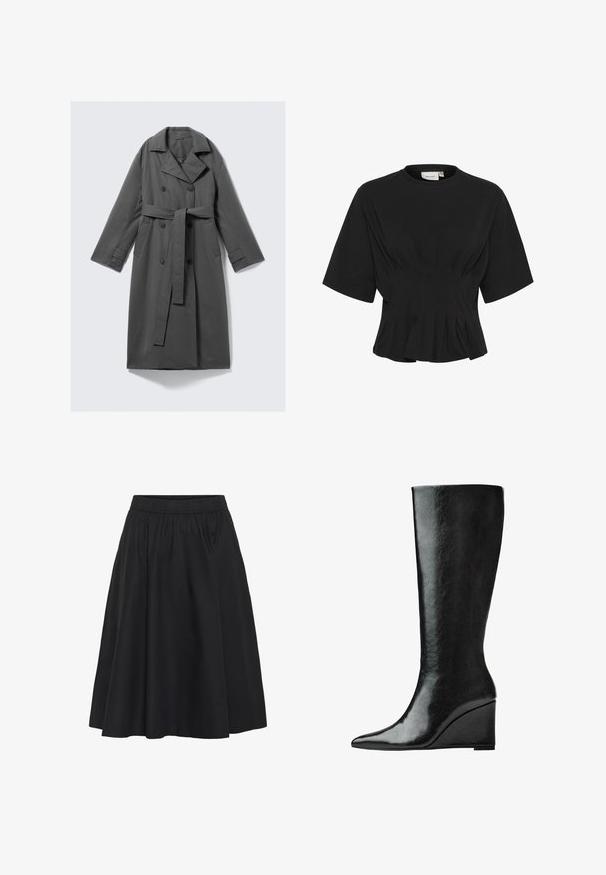 Šedý trenčkot s dvouřadým zapínáním, páskem v pase, širokým klopovým límcem a bočními kapsami. Hladká tkanina s matným povrchem.; Černý top s krátkým rukávem a kulatým výstřihem, zdobený sklady a přiléhavým tělem, které se na spodním okraji rozšiřuje. Vyrobeno z měkké látky.; Černá sukně s elastickým pasem, se skládaným designem, ke kolenům, vyrobená z hladkého materiálu, s minimálními detaily šití.; Černé kožené boty do půlky lýtek s úzkou, špičatou špičkou a klínovým podpatkem. Povrch je hladký s lesklým finišem.