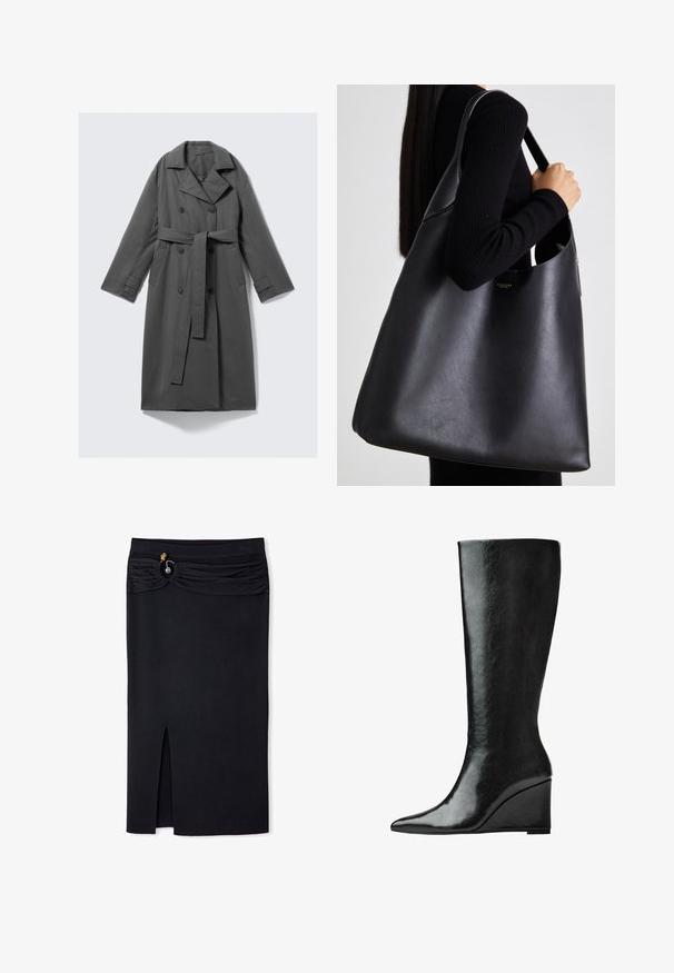 Manteau trench gris avec un devant double boutonnage, une taille ceinturée, un large col en forme de pointe et des poches latérales. Tissu lisse avec une finition mate.; Haut noir à manches courtes avec un col rond, présentant des détails plissés et un corsage ajusté qui s'évasent au niveau de l'ourlet. Fabriqué en tissu doux.; Jupe noire mi-longue en tissu côtelé, avec une taille froncée agrémentée d'un bouton décoratif et une fente latérale pour plus de détail.; Bottes en cuir noires jusqu'aux genoux avec un bout pointu et un talon compensé. La surface est lisse avec une finition brillante.; Sac fourre-tout en cuir noir avec une texture lisse, de forme oversize et une seule bandoulière. Présente un accent en logo doré.