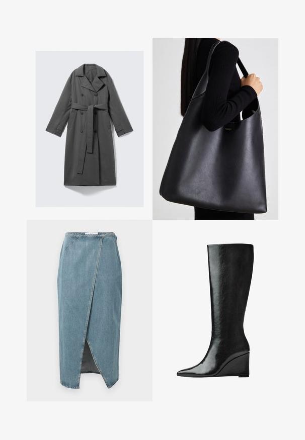 Gray trench coat with a double-breasted front, belted waist, wide notch collar, and side pockets. Smooth fabric with a matte finish.; Black short-sleeve top with a round neckline, featuring pleated detailing and a fitted bodice that flares at the hem. Made of soft fabric.; Denim skirt in light blue with a wrap design, featuring visible stitching, a front slit, and a fitted waist.; Knee-high black leather boots with a sleek, pointed toe and a wedge heel. The surface is smooth with a glossy finish.; Black leather tote bag with a smooth texture, oversized shape, and a single shoulder strap. Features a gold logo accent.