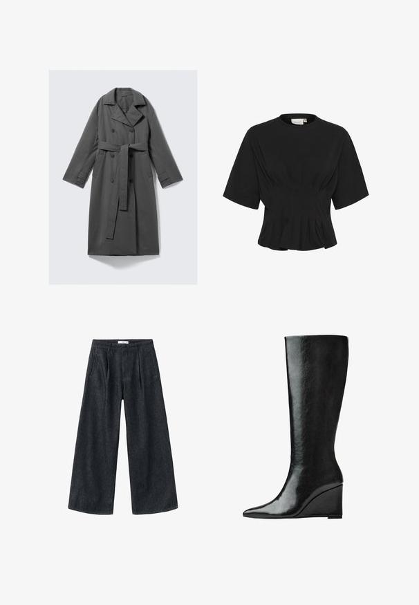 Grå trenchcoat med dobbeltknaplukning, bælte i taljen, bred klapkrave og sidelommer. Glat stof med mat finish.; Sort kortærmet top med rund halsudskæring, der har plisserede detaljer og en tætsiddende overdel, der udvider sig i kanten. Lavet af blødt stof.; Mørke denim brede bukser med plisseringer, høj talje og klassisk snit. Har en ren afslutning ved kanten og minimale sy detaljer.; Knæhøje sorte læderstøvler med en slank, spids tå og en kilehælk. Overfladen er glat med en blank finish.