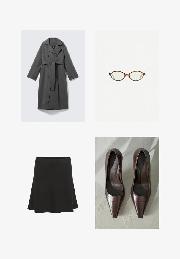 Szary płaszcz trench z podwójnym zapięciem, z paskiem w talii, szerokim kołnierzem i bocznymi kieszeniami. Gładki materiał o matowym wykończeniu.; Ciemnobrązowy t-shirt z krótkim rękawem i okrągłym dekoltem, prosty wzór z prążkowanym wykończeniem dekoltu, z metką Massimo Dutti na kołnierzyku.; Czarna rozkloszowana mini spódnica wykonana z miękkiego materiału o gładkiej teksturze i szerokim pasie w talii. Posiada prosty krój, bez wzorów czy akcentów.; Brązowe lakierowane szpilki z ostro zakończonym noskiem, z teksturą krokodyla i gładkim wnętrzem. Zaprojektowane z myślą o eleganckim wyglądzie.; Okulary w kolorze tortoiseshell z owalnymi soczewkami i gładkim, eleganckim wykończeniem. Posiadają cienkie boki z delikatnym łukiem w okolicy skroni. Przezroczyste soczewki.