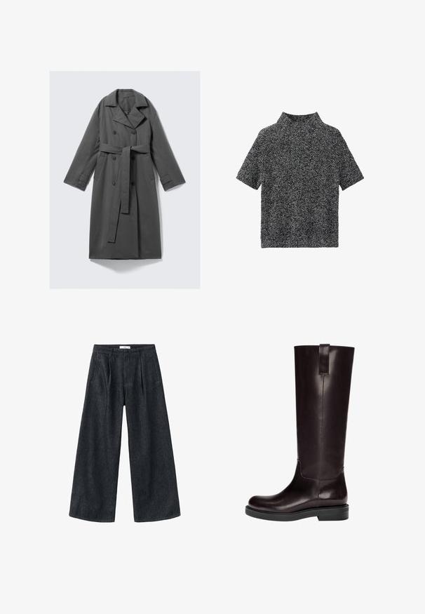 Šedý trenčkot s dvouřadým zapínáním, páskem v pase, širokým klopovým límcem a bočními kapsami. Hladká tkanina s matným povrchem.; Krátký rukáv, svetřík s vysokým výstřihem v texturovaném černobílém pleteném vzoru, se volným střihem a měkkou tkaninou.; Tmavě modré široké kalhoty z denimu s sklady, vysokým pasem a klasickým střihem. Mají čistý lem a minimální detaily šití.; Hnědé kožené boty po kolena s hladkým povrchem, kulatou špičkou a plochou černou gumovou podrážkou. Obsahují svislý šev a zadní poutko.