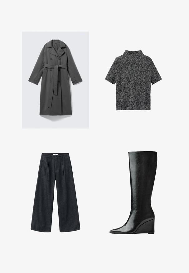Siv plašč s dvojno zapenjanjem, pasom, širokim ovratnikom in stranskimi žepi. Gladka tkanina z mat površino.; Pulover s kratkimi rokavi in visokim ovratnikom v teksturiranem črno-belem pletenem vzorcu, z sproščenim krojem in mehkim blagom.; Temno modri široki hlače z plisami, visoko pasom in klasičnim krojem. Imajo čist zaključek na robu in minimalne šivane podrobnosti.; Črne usnjene škornje do kolen s sleek, koničastim nosom in klinastim peto. Površina je gladka z sijočim slojem.