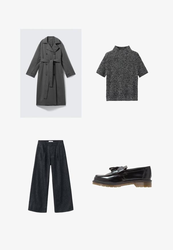 Siv plašč s dvojno zapenjanjem, pasom, širokim ovratnikom in stranskimi žepi. Gladka tkanina z mat površino.; Pulover s kratkimi rokavi in visokim ovratnikom v teksturiranem črno-belem pletenem vzorcu, z sproščenim krojem in mehkim blagom.; Temno modri široki hlače z plisami, visoko pasom in klasičnim krojem. Imajo čist zaključek na robu in minimalne šivane podrobnosti.; Črne lakirane loafer čevlje s pletenim dizajnom, dodatkom v modi in debelim, teksturiranim gumijastim podplatom. Stranski pogled prikazuje eleganten silhuet.