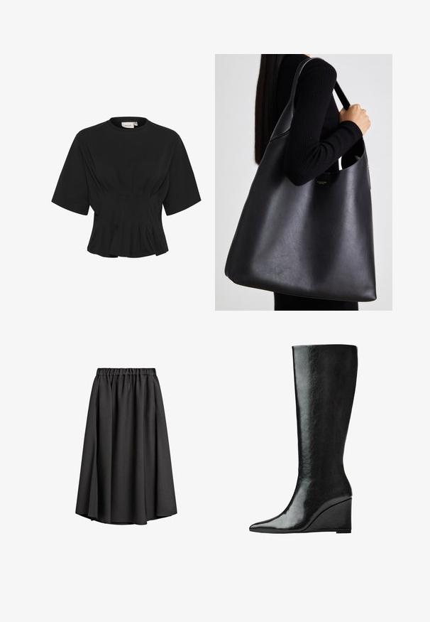 Grå trenchcoat med dobbeltknaplukning, bælte i taljen, bred klapkrave og sidelommer. Glat stof med mat finish.; Sort kortærmet top med rund halsudskæring, der har plisserede detaljer og en tætsiddende overdel, der udvider sig i kanten. Lavet af blødt stof.; Sort midi-nederdel lavet af let, flydende stof med elastisk talje og let A-formet silhuet. Ingen synlige mønstre eller accenter.; Knæhøje sorte læderstøvler med en slank, spids tå og en kilehælk. Overfladen er glat med en blank finish.; Sort læder tote taske med en glat overflade, overdimensioneret form og en enkelt skulderrem. Har et guld logo som accent.